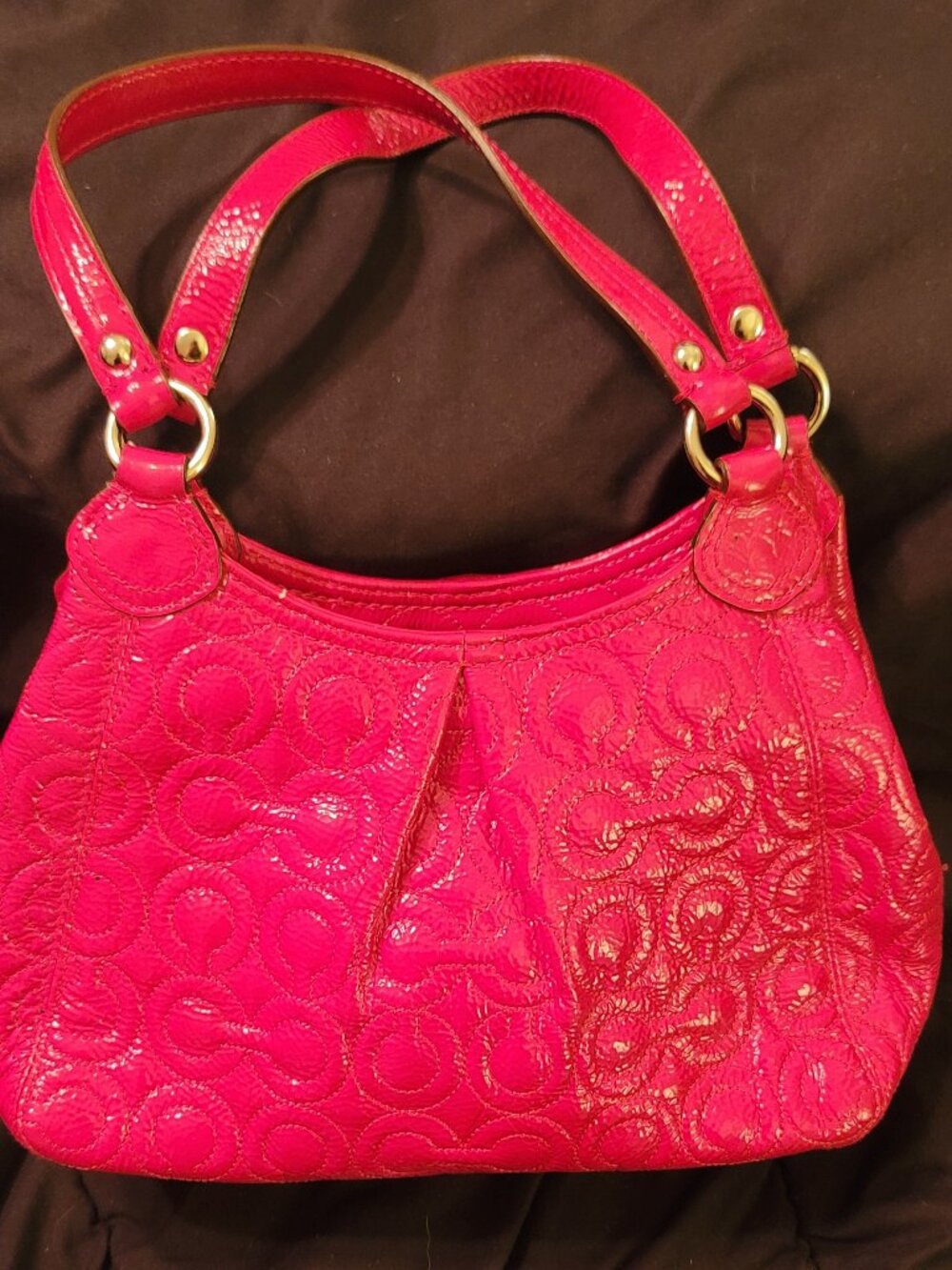 Coach Patent Leather Embossed Signature Tote – Hot Pink – Gold Hardware